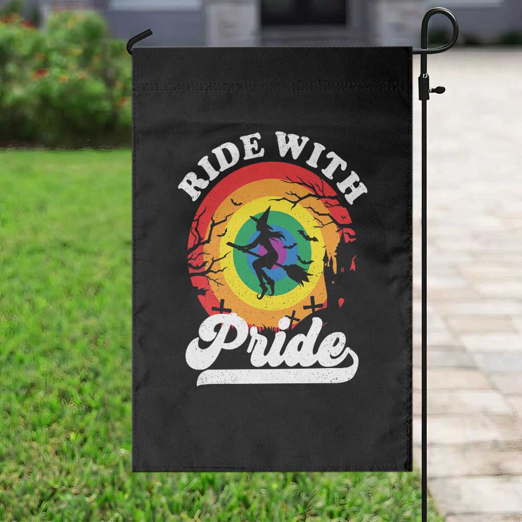 Funny Halloween LGBT Garden Flag Ride With Pride Witch Rainbow - Wonder Print Shop