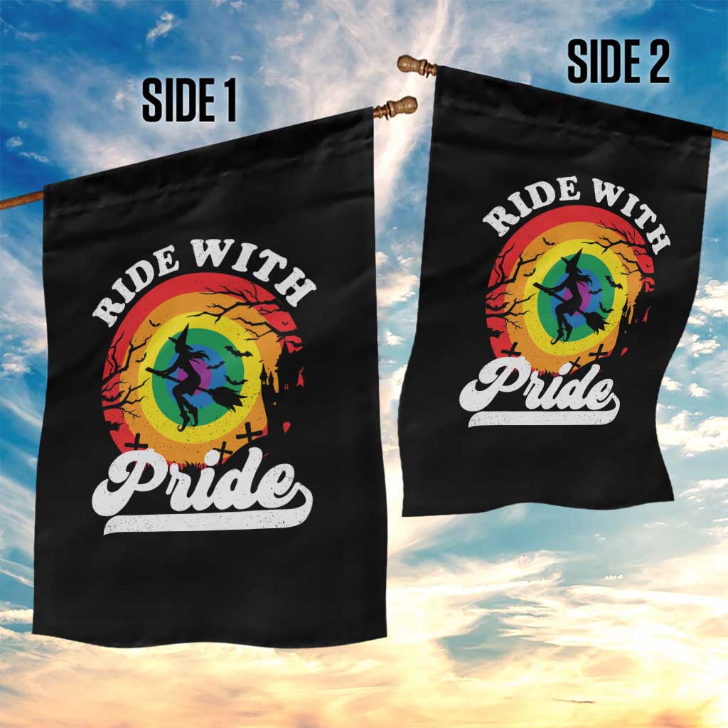 Funny Halloween LGBT Garden Flag Ride With Pride Witch Rainbow - Wonder Print Shop