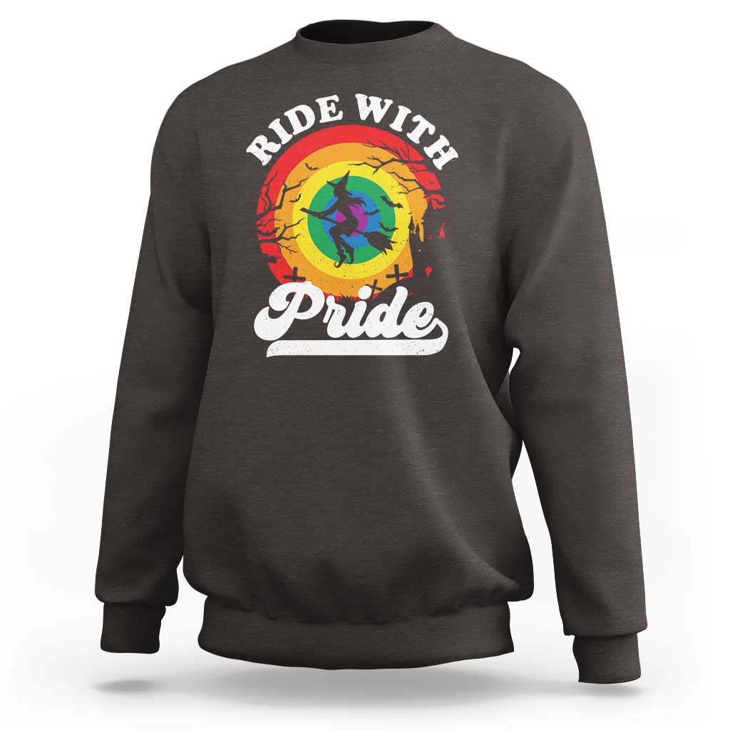 Funny Halloween LGBT Sweatshirt Ride With Pride Witch Rainbow - Wonder Print Shop