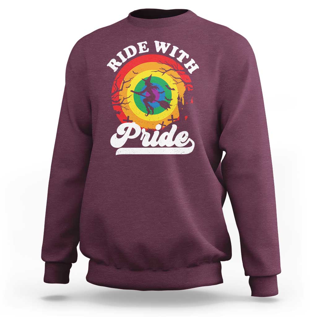 Funny Halloween LGBT Sweatshirt Ride With Pride Witch Rainbow - Wonder Print Shop