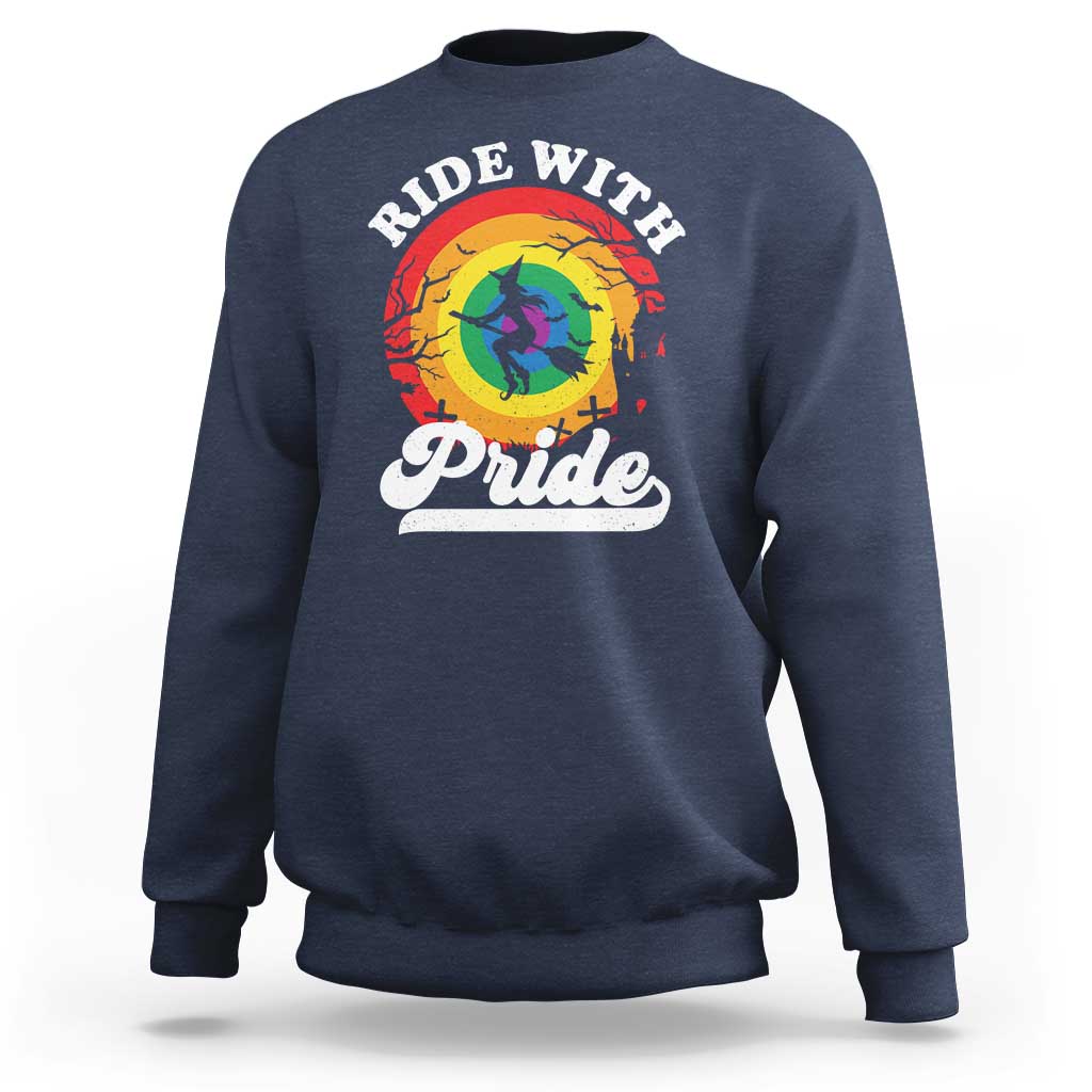 Funny Halloween LGBT Sweatshirt Ride With Pride Witch Rainbow - Wonder Print Shop