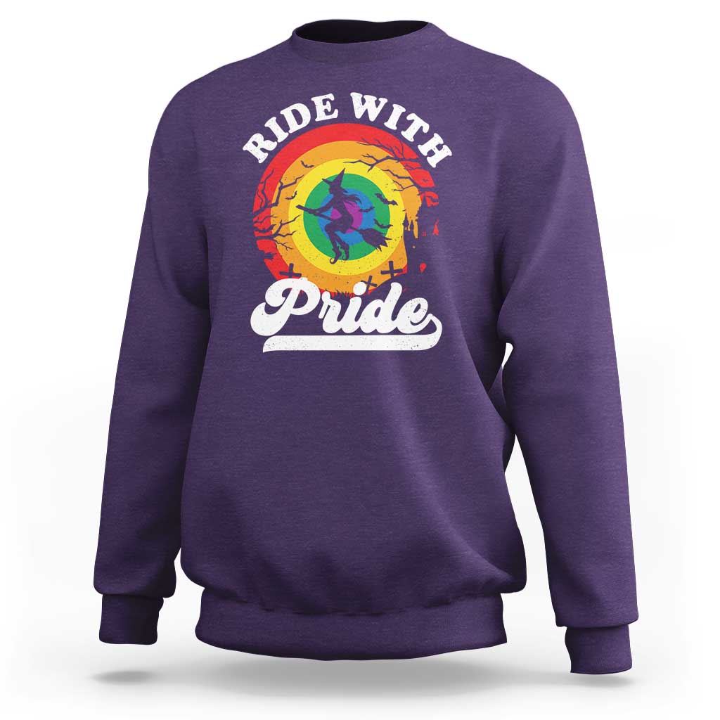 Funny Halloween LGBT Sweatshirt Ride With Pride Witch Rainbow - Wonder Print Shop