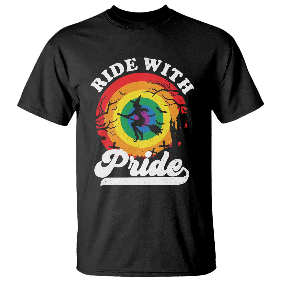 Funny Halloween LGBT T Shirt Ride With Pride Witch Rainbow - Wonder Print Shop