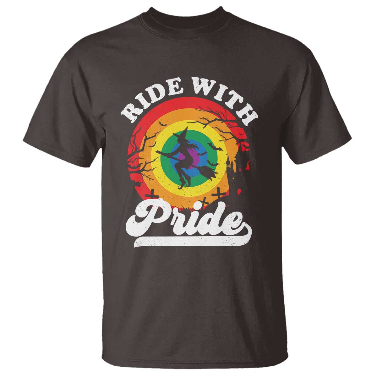 Funny Halloween LGBT T Shirt Ride With Pride Witch Rainbow - Wonder Print Shop