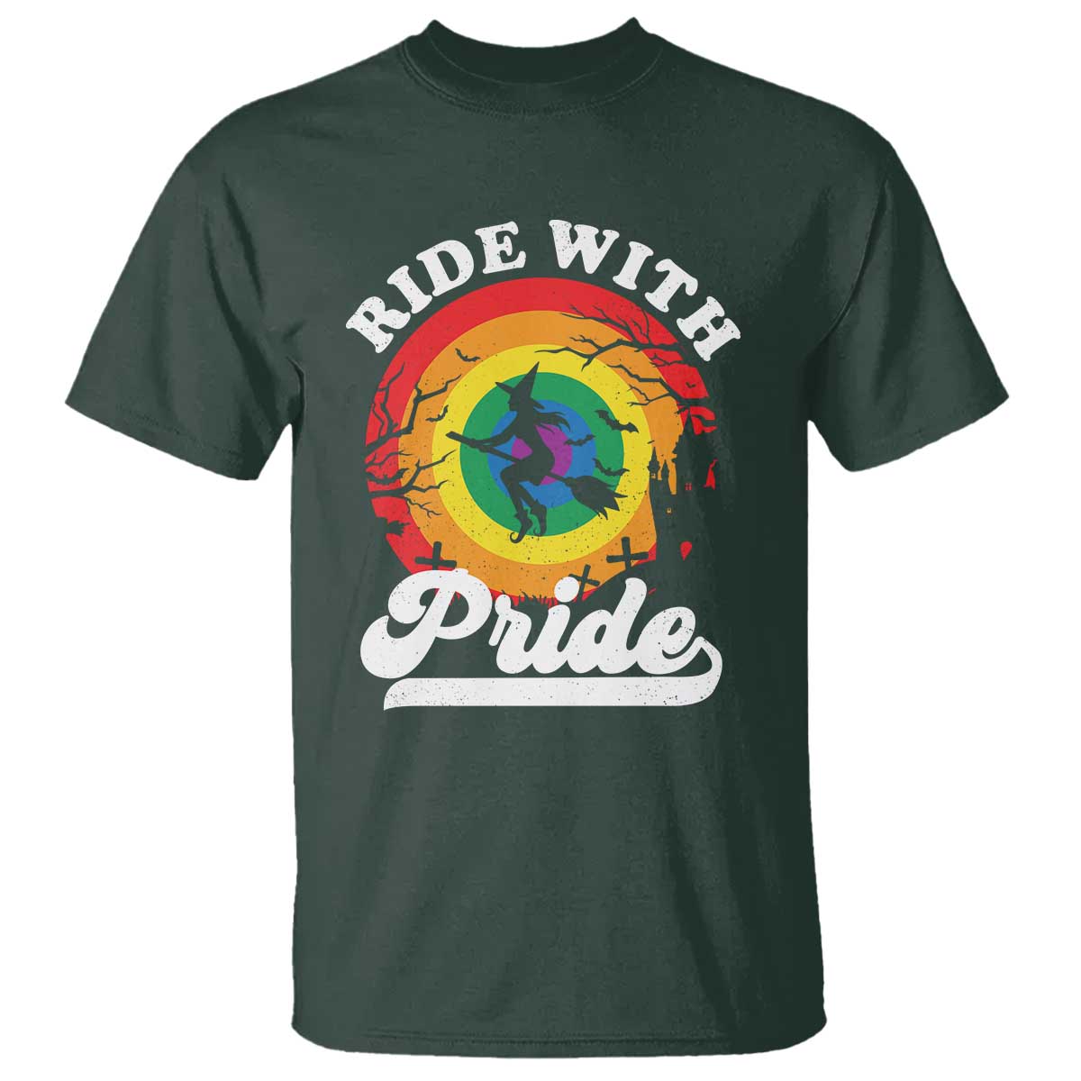 Funny Halloween LGBT T Shirt Ride With Pride Witch Rainbow - Wonder Print Shop
