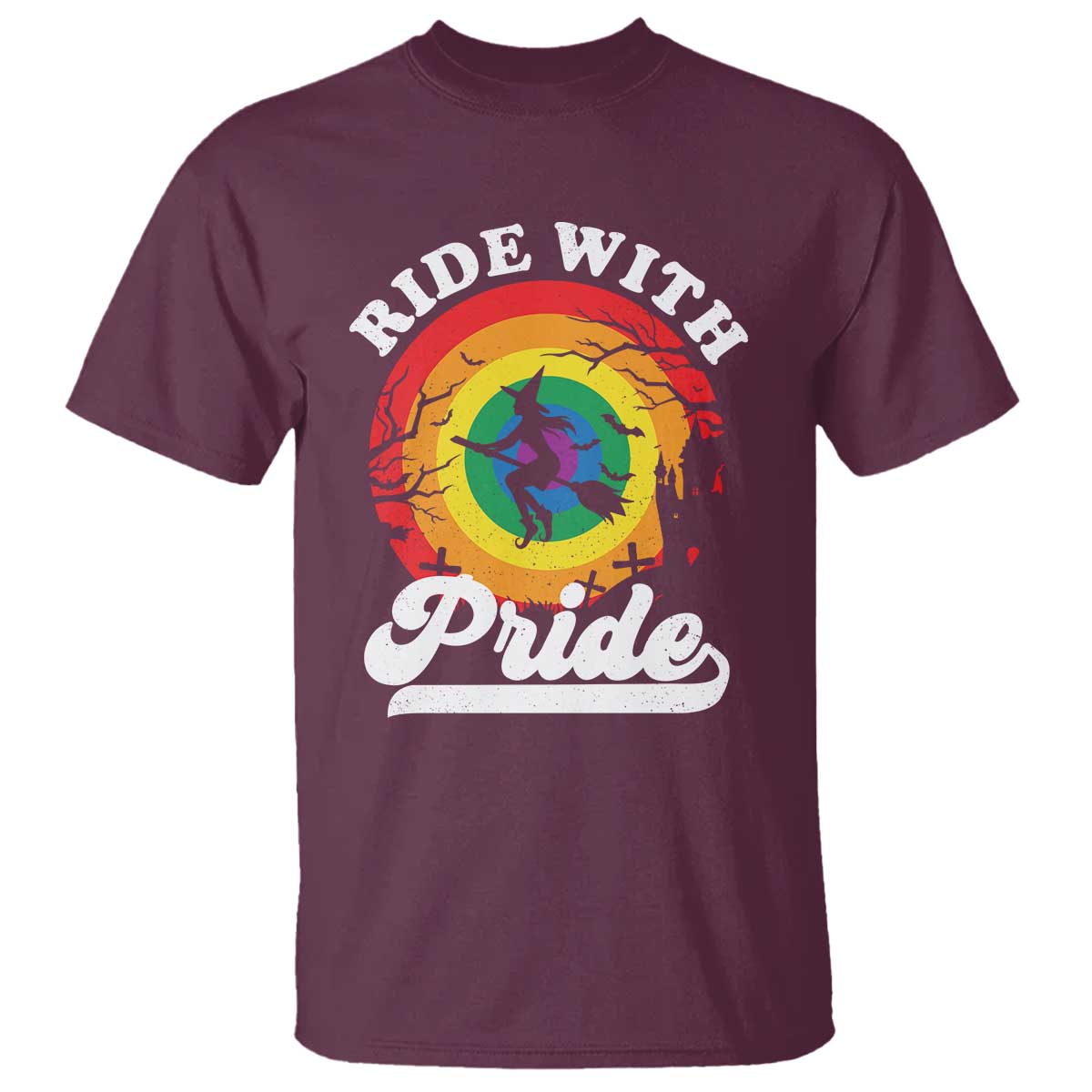 Funny Halloween LGBT T Shirt Ride With Pride Witch Rainbow - Wonder Print Shop