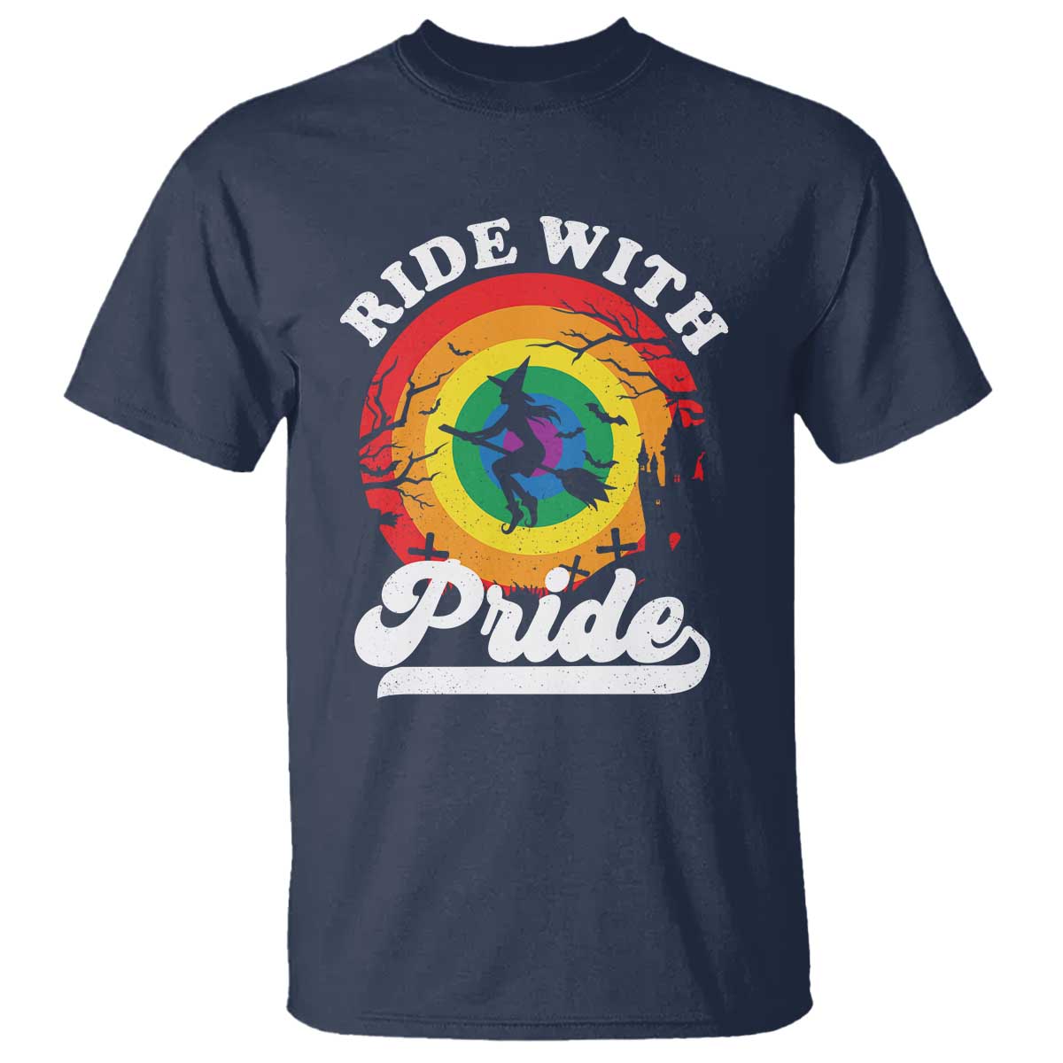 Funny Halloween LGBT T Shirt Ride With Pride Witch Rainbow - Wonder Print Shop