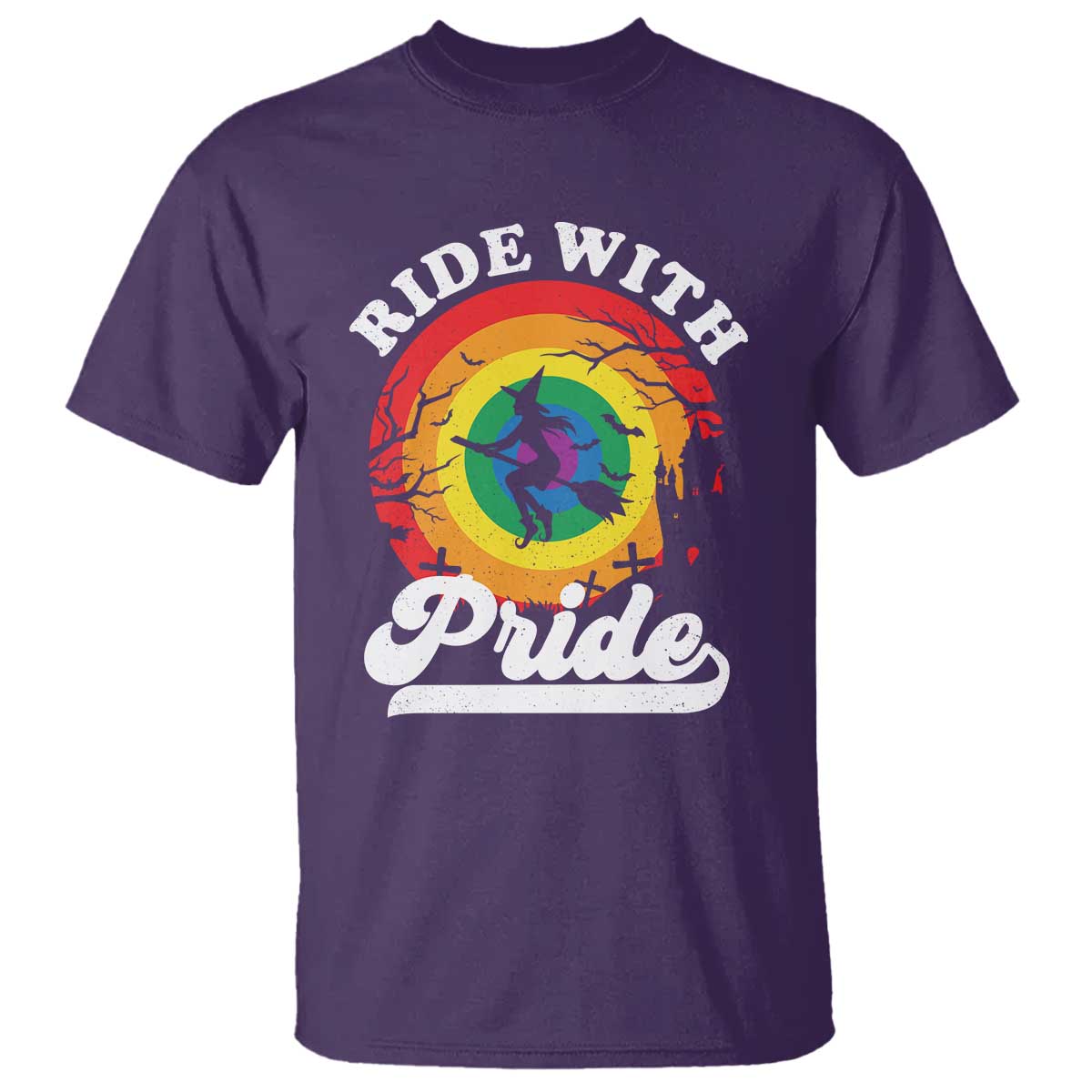 Funny Halloween LGBT T Shirt Ride With Pride Witch Rainbow - Wonder Print Shop