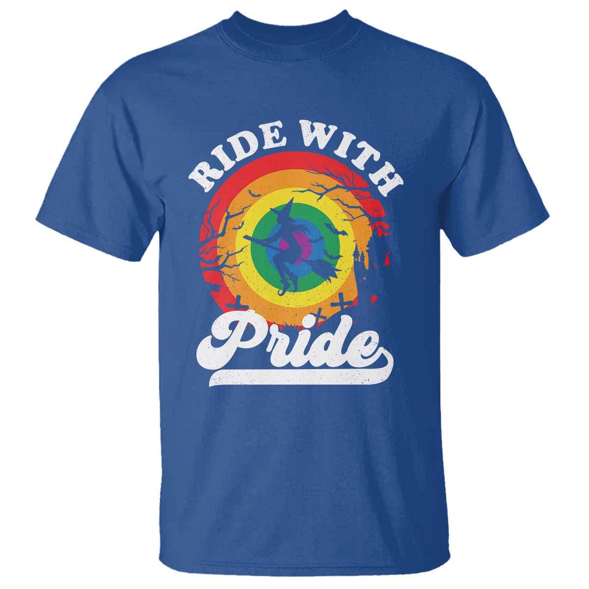 Funny Halloween LGBT T Shirt Ride With Pride Witch Rainbow - Wonder Print Shop
