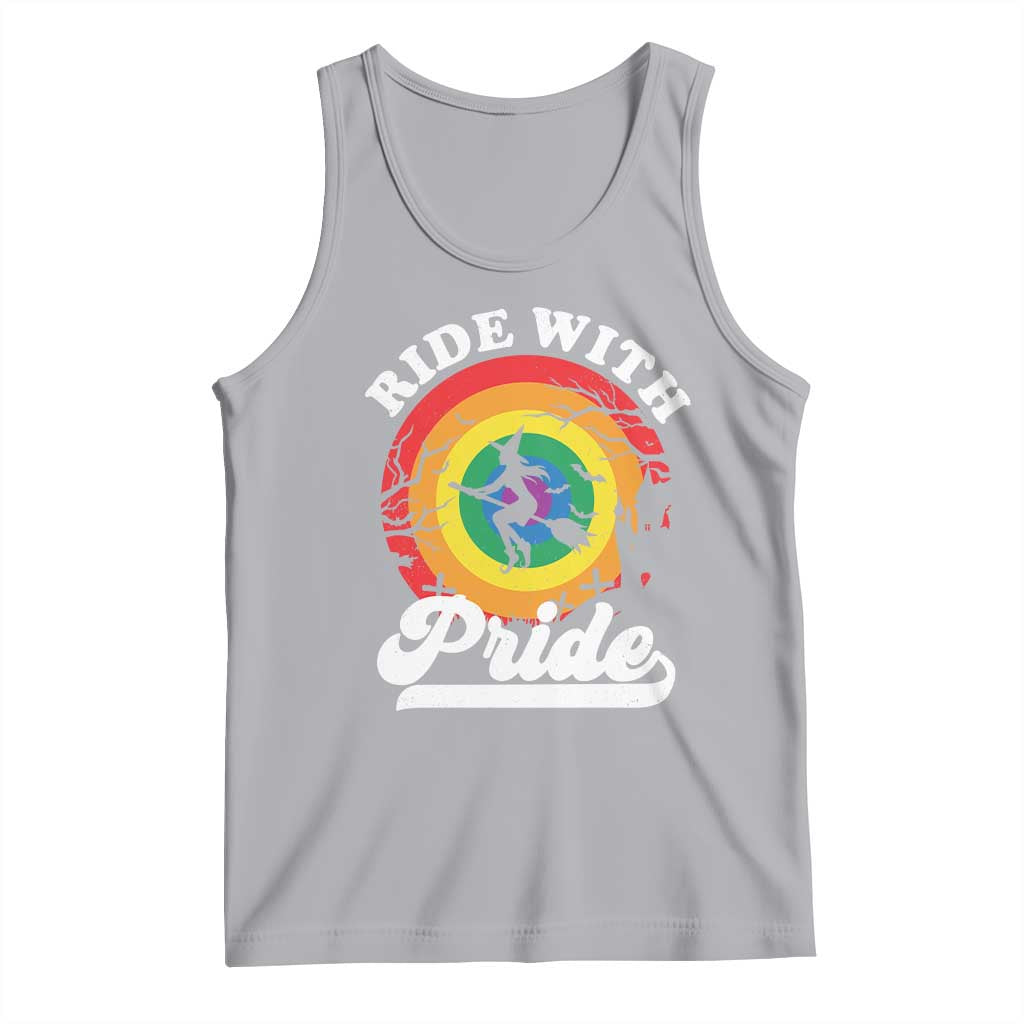 Funny Halloween LGBT Tank Top Ride With Pride Witch Rainbow