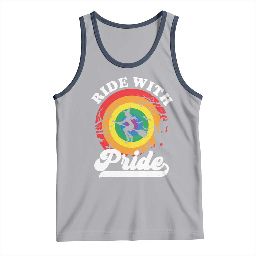 Funny Halloween LGBT Tank Top Ride With Pride Witch Rainbow