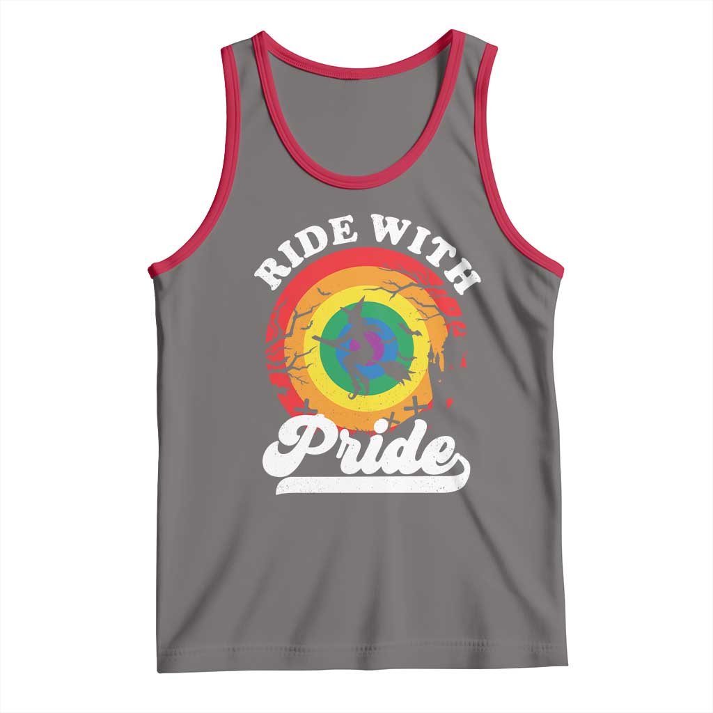 Funny Halloween LGBT Tank Top Ride With Pride Witch Rainbow