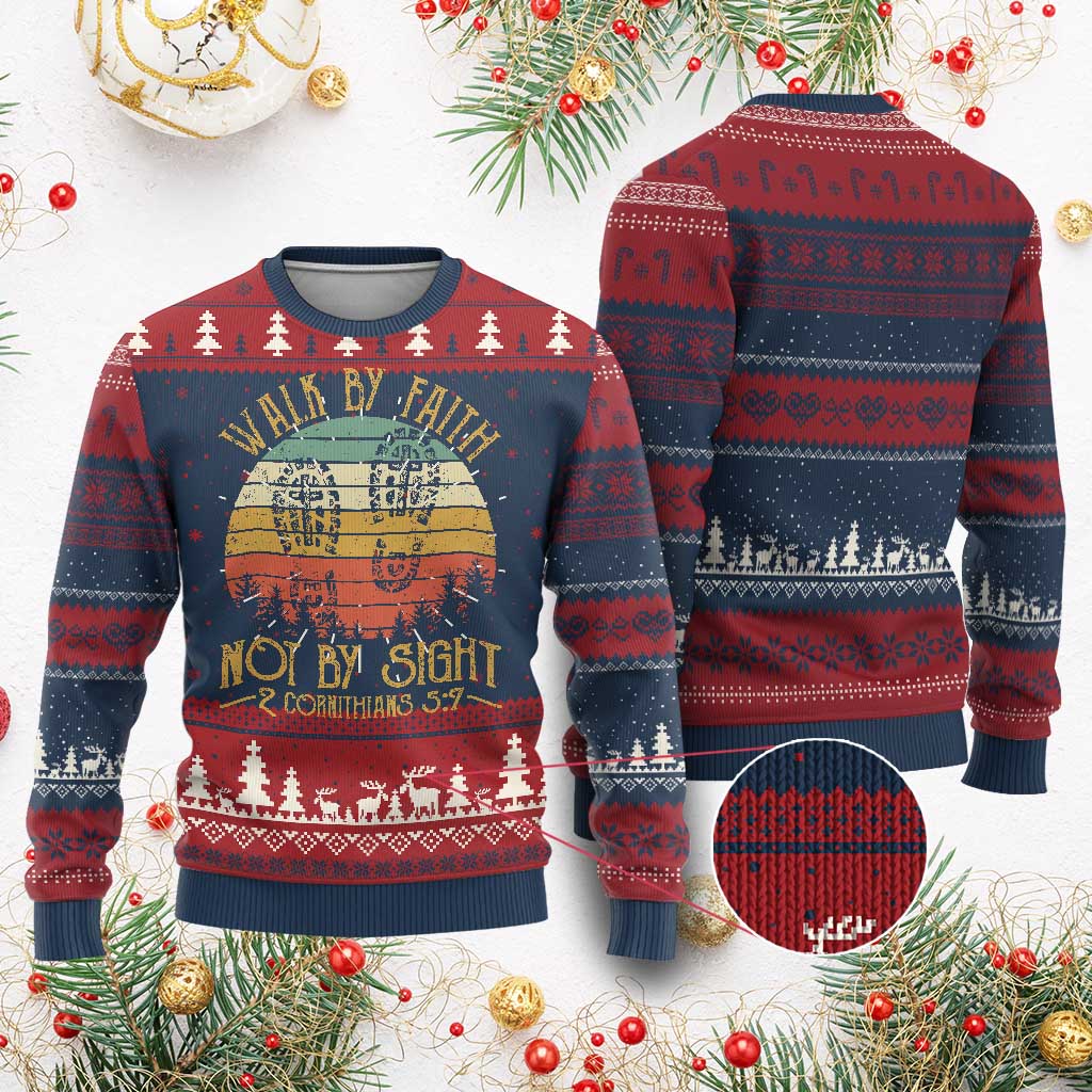 Christian Ugly Christmas Sweater Walk By Faith Not By Sight Retro - Wonder Print Shop