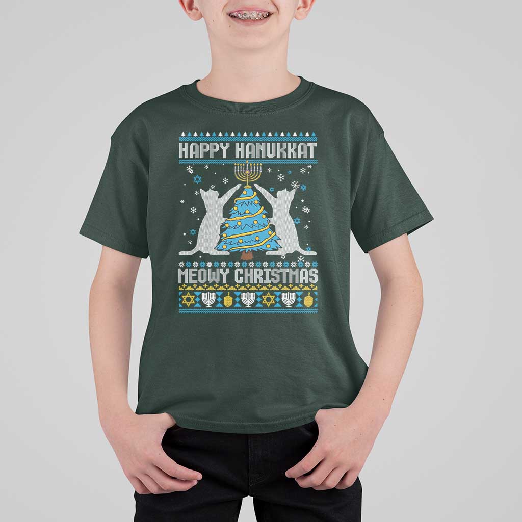 Hanukkah Christmas Cat T Shirt For Kid Happy Hanukkat Meowy Christmas - Wonder Print Shop