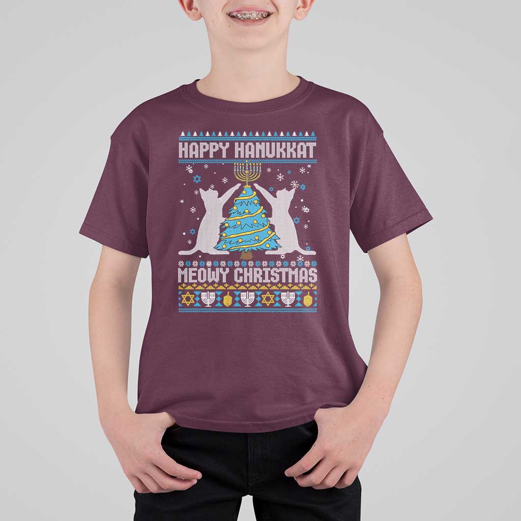 Hanukkah Christmas Cat T Shirt For Kid Happy Hanukkat Meowy Christmas - Wonder Print Shop