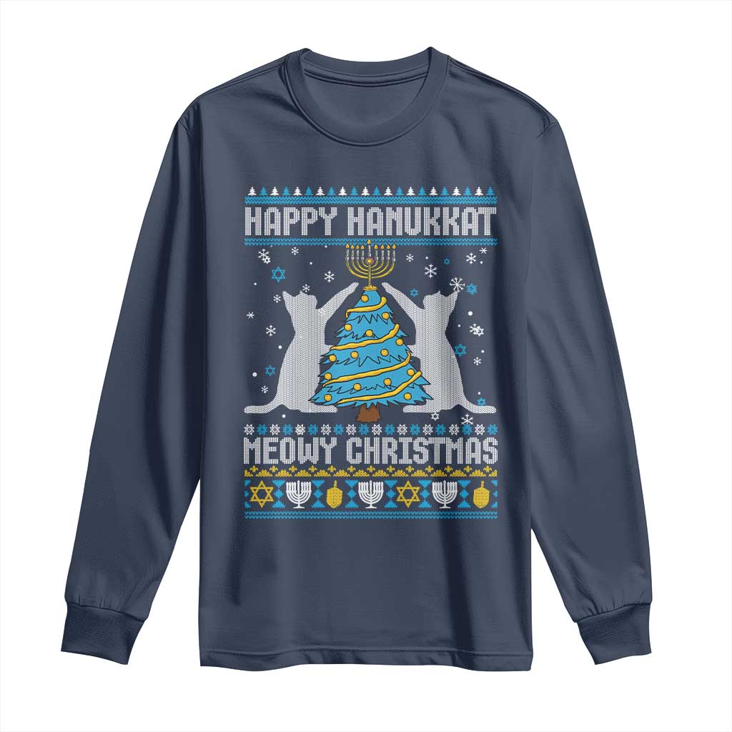 Hanukkah Christmas Cat Long Sleeve Shirt Happy Hanukkat Meowy Christmas