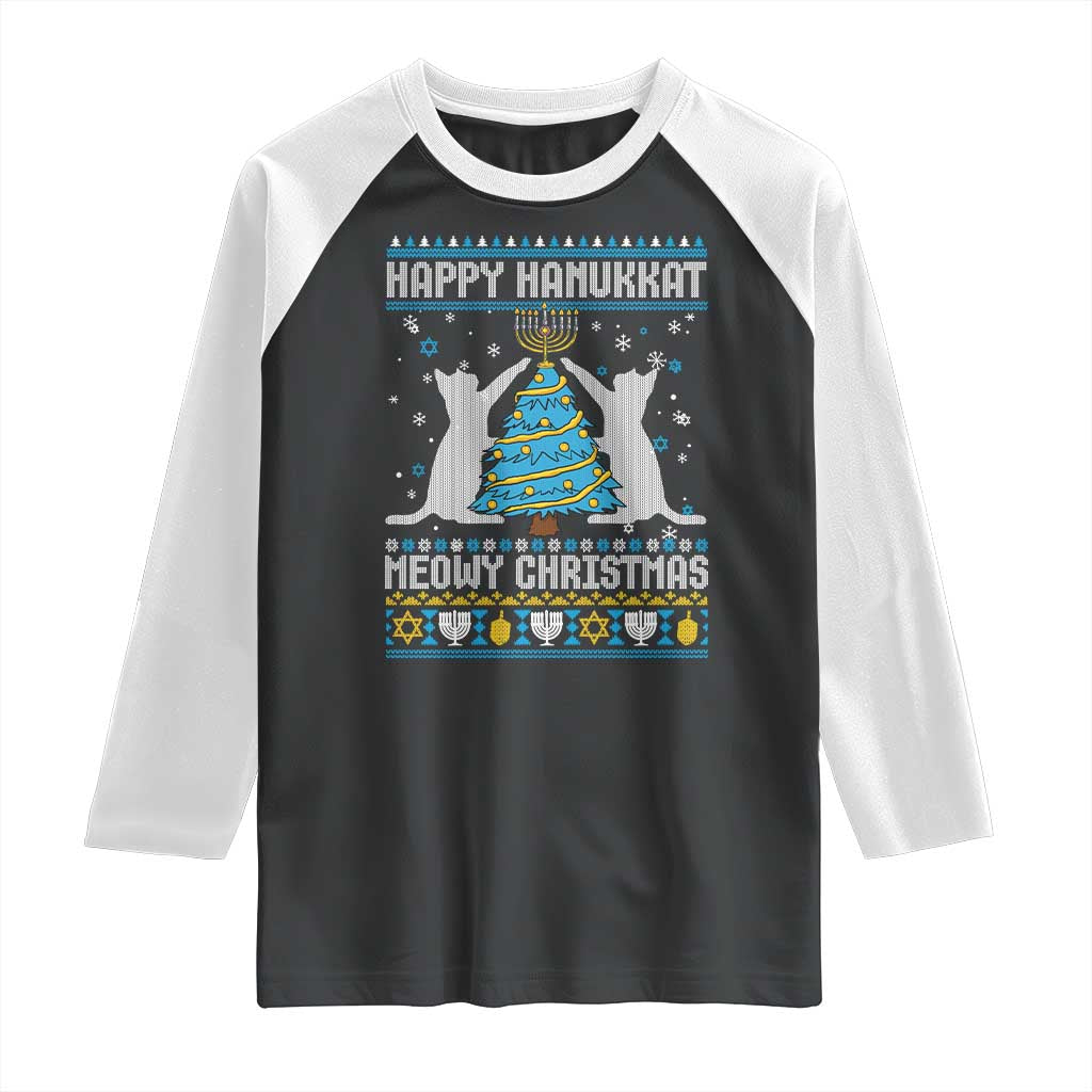 Hanukkah Christmas Cat Raglan Shirt Happy Hanukkat Meowy Christmas