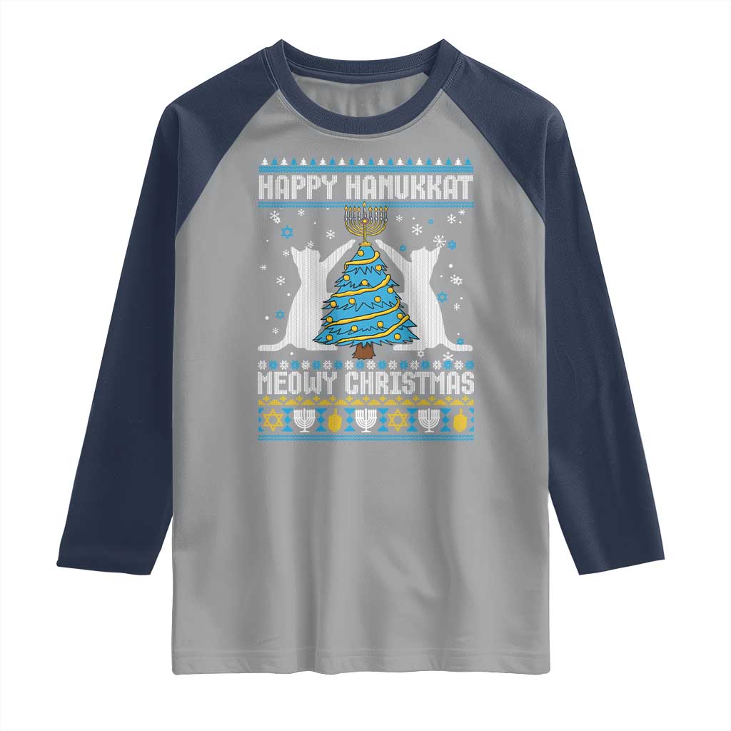 Hanukkah Christmas Cat Raglan Shirt Happy Hanukkat Meowy Christmas