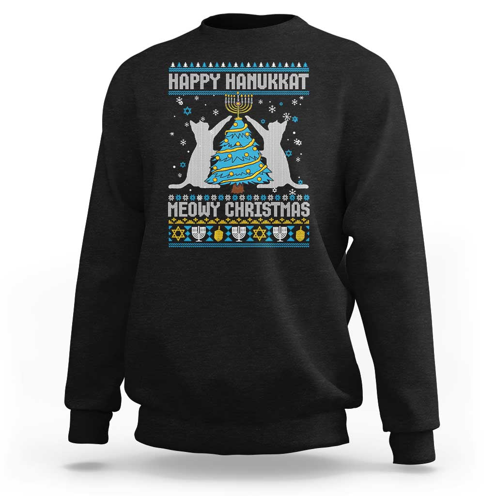 Hanukkah Christmas Cat Sweatshirt Happy Hanukkat Meowy Christmas - Wonder Print Shop