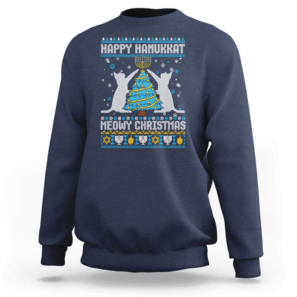 Hanukkah Christmas Cat Sweatshirt Happy Hanukkat Meowy Christmas - Wonder Print Shop
