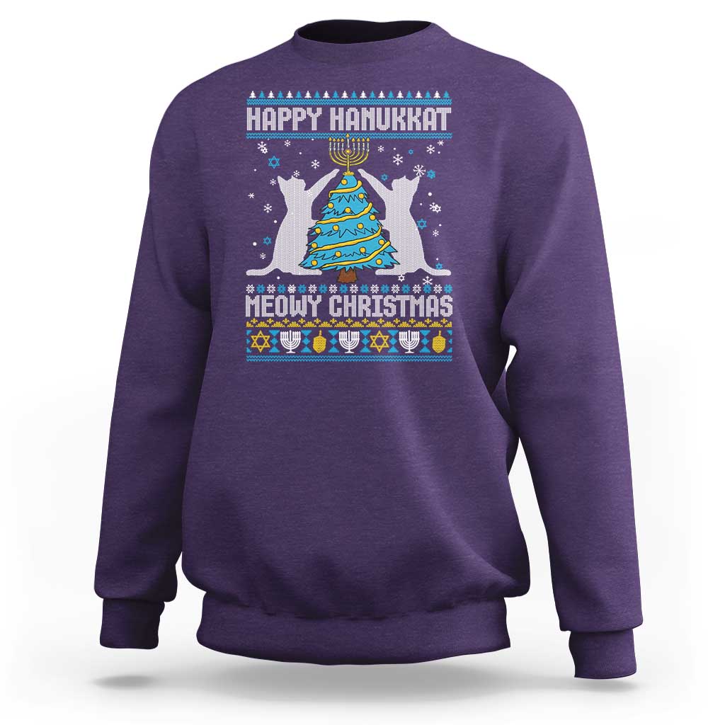 Hanukkah Christmas Cat Sweatshirt Happy Hanukkat Meowy Christmas - Wonder Print Shop