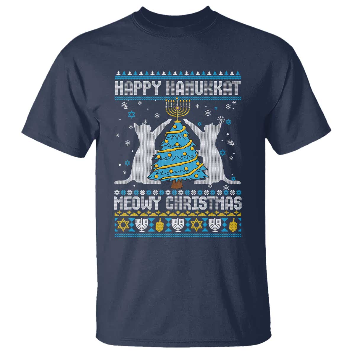 Hanukkah Christmas Cat T Shirt Happy Hanukkat Meowy Christmas - Wonder Print Shop