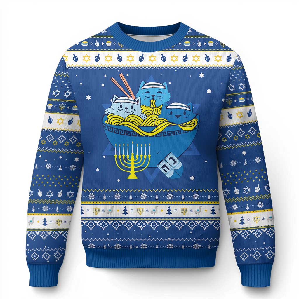 Funny Jewish Cat Hanukkah Ugly Sweater Kawaii Cat Eating Ramen Anime Kitten - Wonder Print Shop