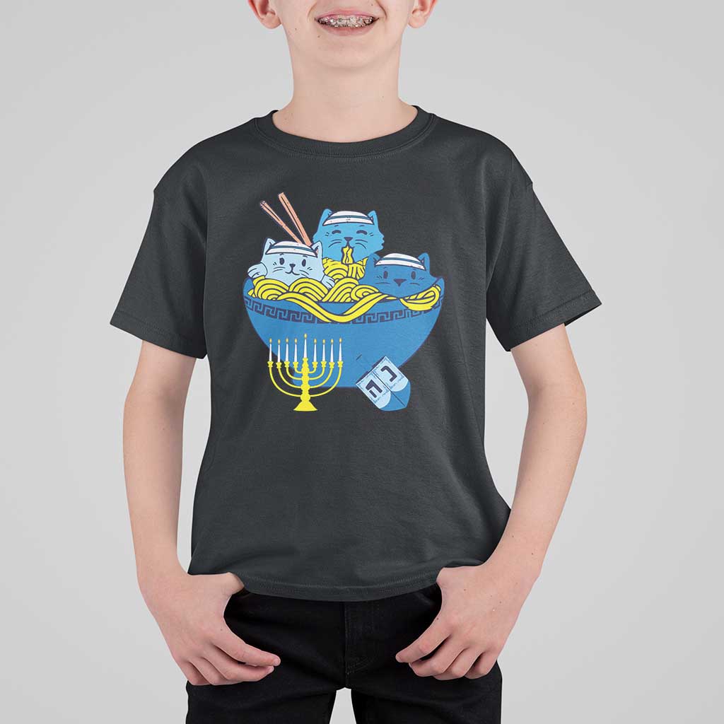 Funny Hanukkah Cat T Shirt For Kid Kawaii Cat Eating Ramen Anime Jewish Kitten - Wonder Print Shop