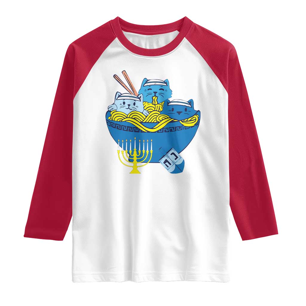 Funny Hanukkah Cat Raglan Shirt Kawaii Cat Eating Ramen Anime Jewish Kitten