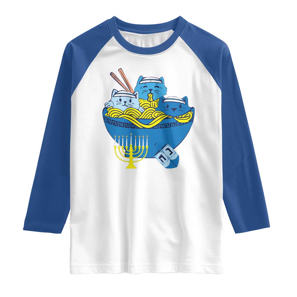 Funny Hanukkah Cat Raglan Shirt Kawaii Cat Eating Ramen Anime Jewish Kitten