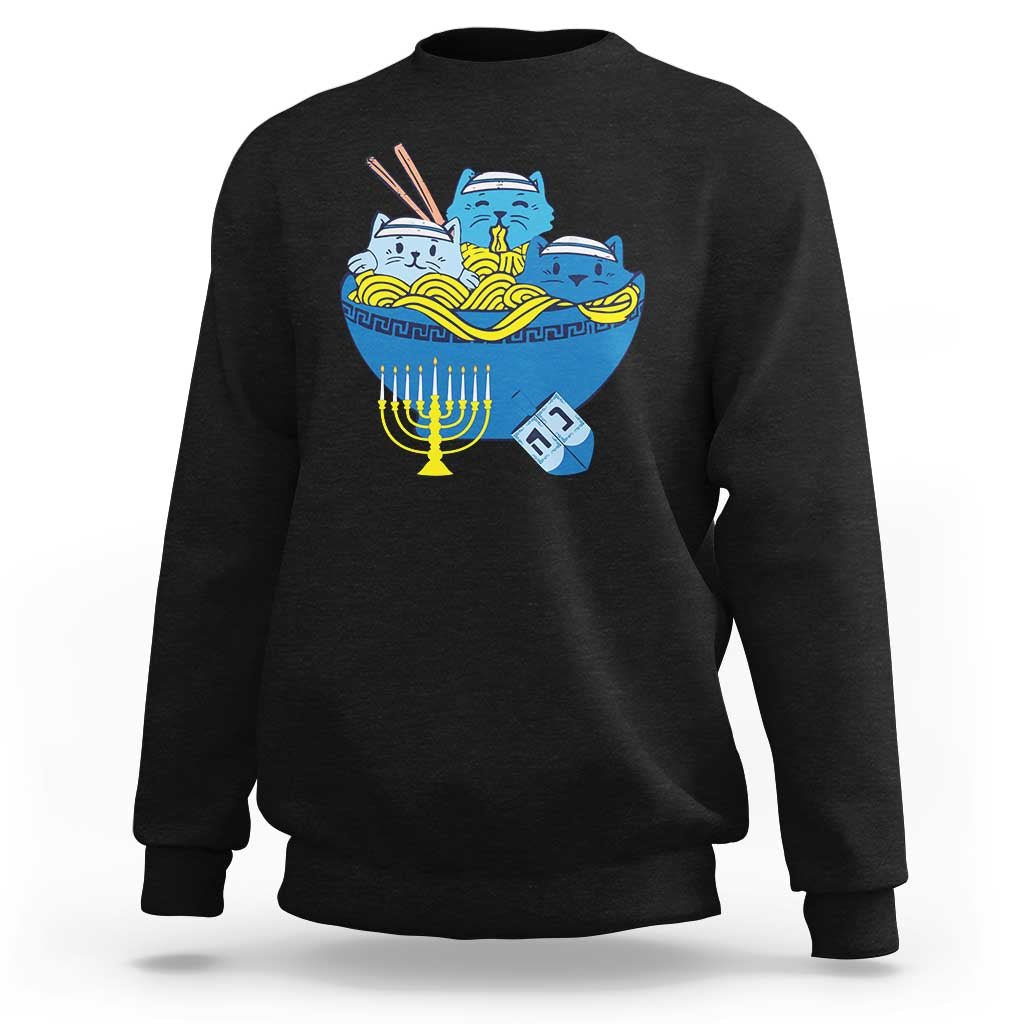 Funny Hanukkah Cat Sweatshirt Kawaii Cat Eating Ramen Anime Jewish Kitten - Wonder Print Shop