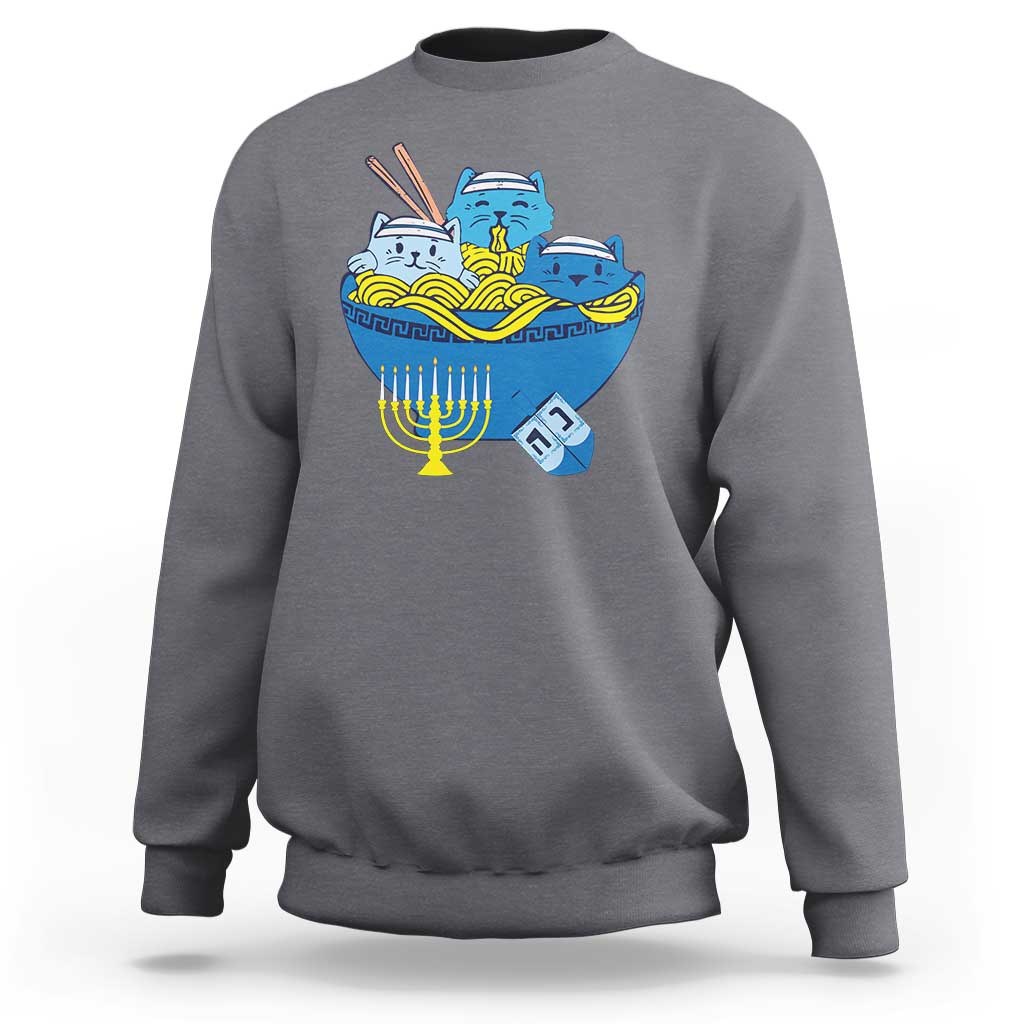 Funny Hanukkah Cat Sweatshirt Kawaii Cat Eating Ramen Anime Jewish Kitten - Wonder Print Shop