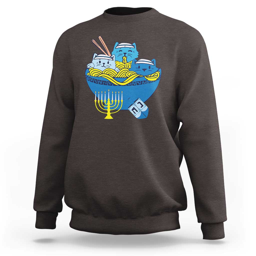 Funny Hanukkah Cat Sweatshirt Kawaii Cat Eating Ramen Anime Jewish Kitten - Wonder Print Shop