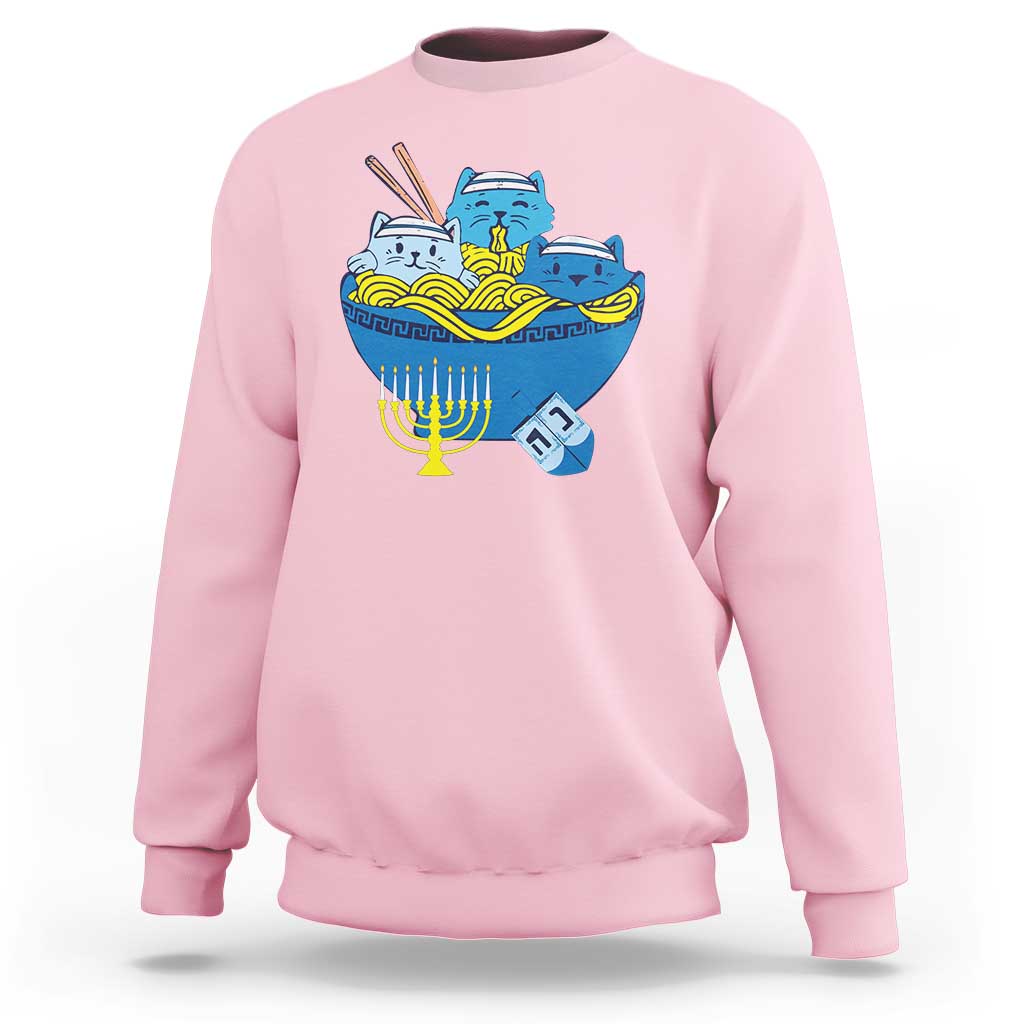 Funny Hanukkah Cat Sweatshirt Kawaii Cat Eating Ramen Anime Jewish Kitten - Wonder Print Shop