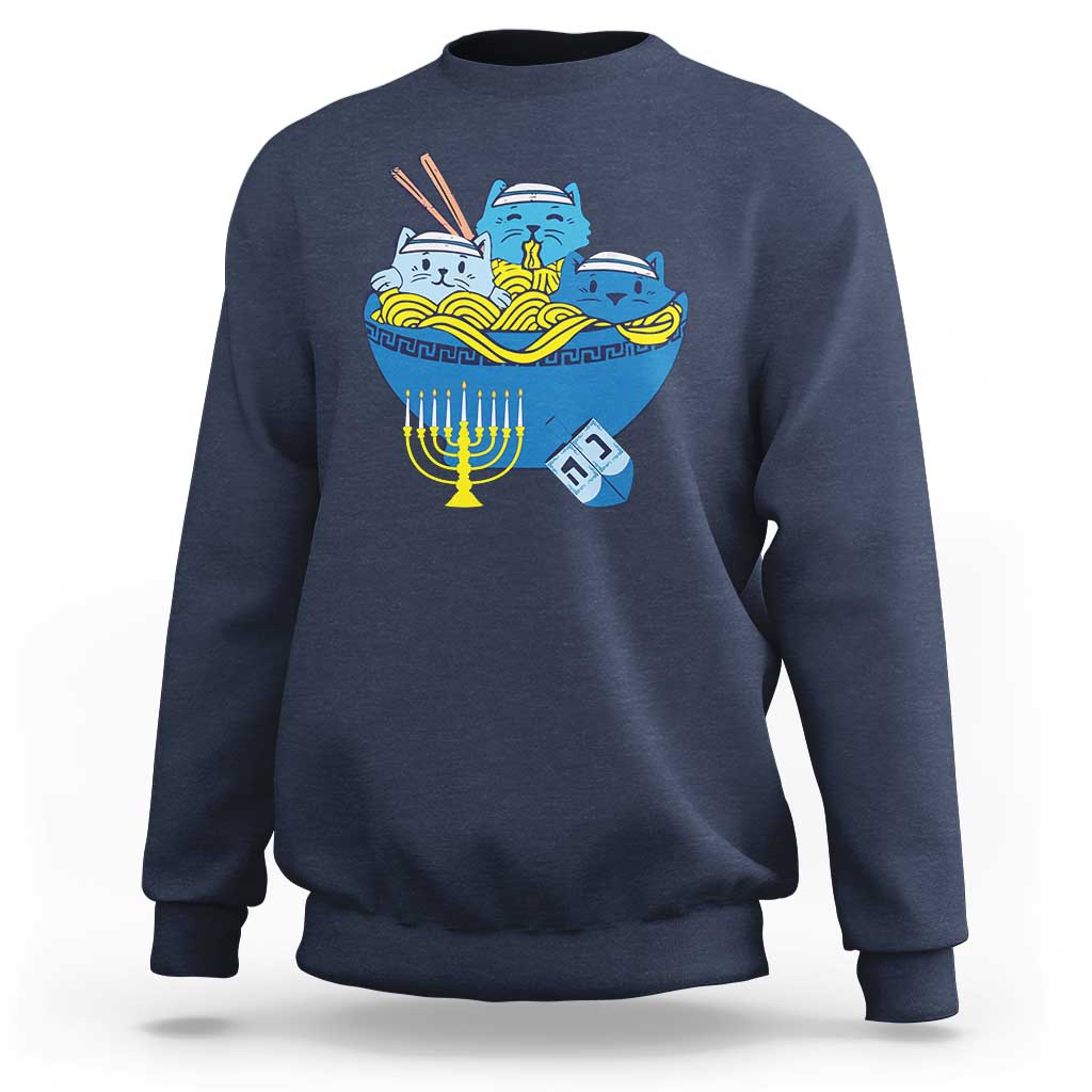 Funny Hanukkah Cat Sweatshirt Kawaii Cat Eating Ramen Anime Jewish Kitten - Wonder Print Shop