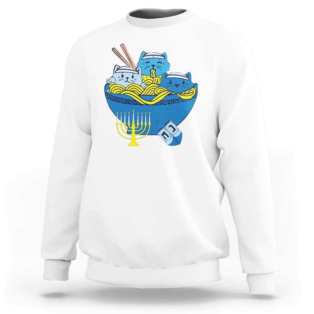 Funny Hanukkah Cat Sweatshirt Kawaii Cat Eating Ramen Anime Jewish Kitten - Wonder Print Shop