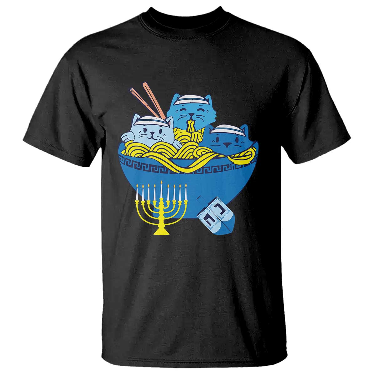 Funny Hanukkah Cat T Shirt Kawaii Cat Eating Ramen Anime Jewish Kitten - Wonder Print Shop