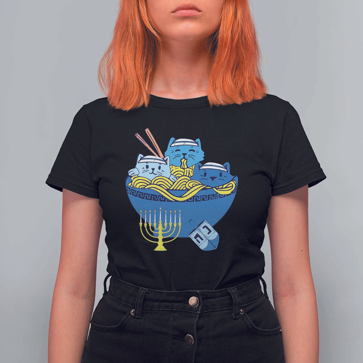 Funny Hanukkah Cat T Shirt For Women Kawaii Cat Eating Ramen Anime Jewish Kitten - Wonder Print Shop
