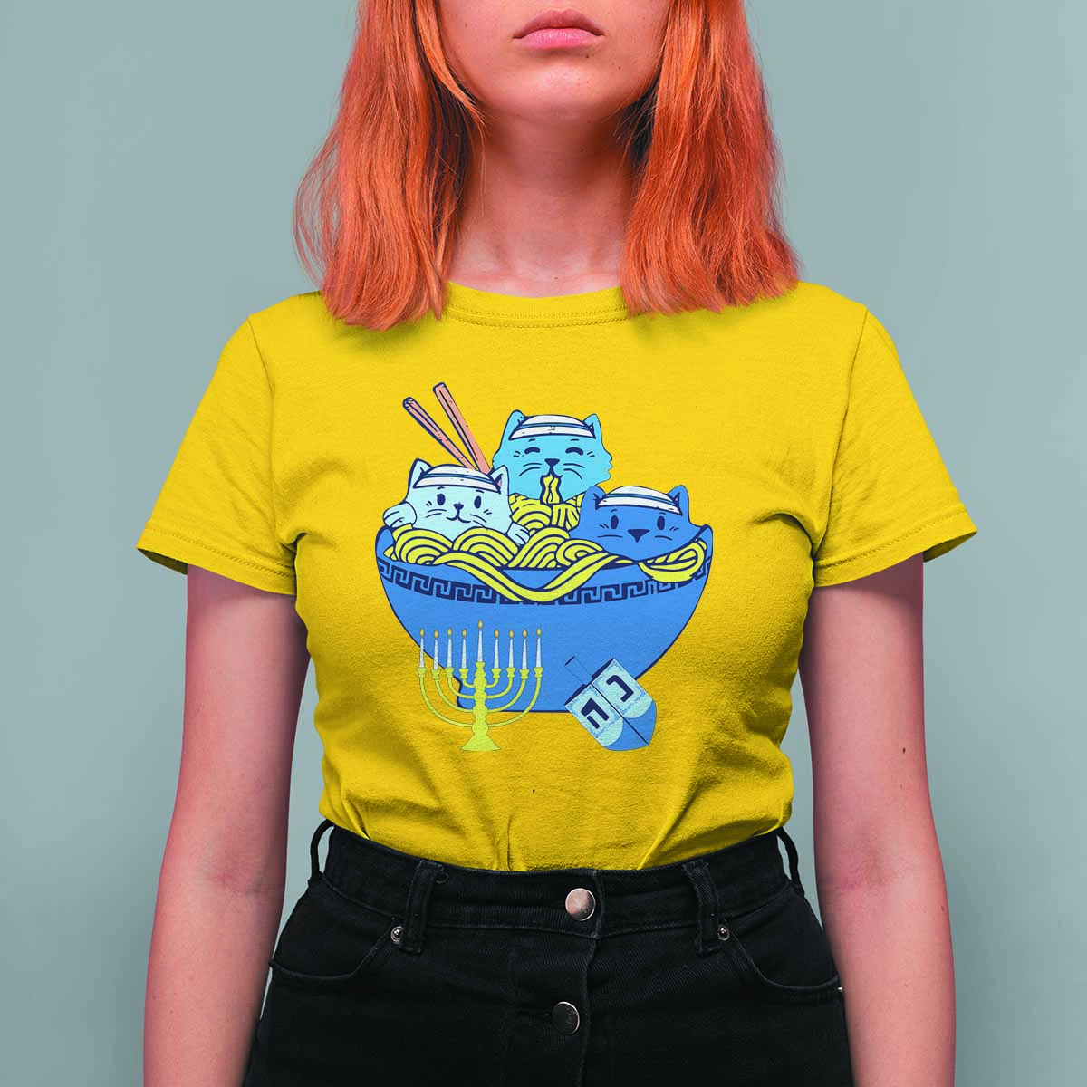 Funny Hanukkah Cat T Shirt For Women Kawaii Cat Eating Ramen Anime Jewish Kitten - Wonder Print Shop
