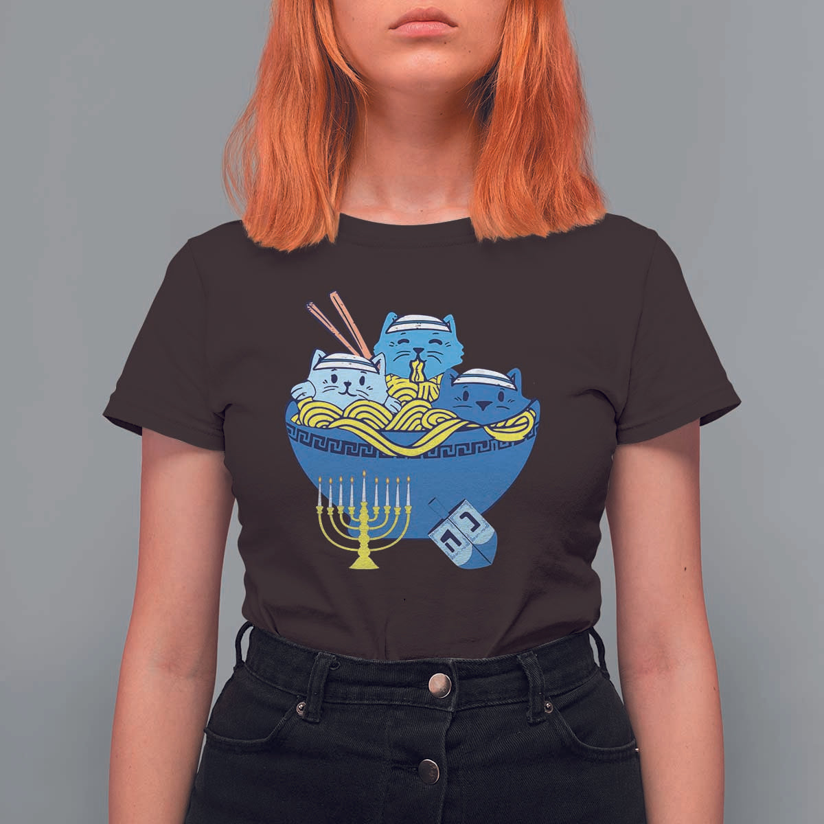 Funny Hanukkah Cat T Shirt For Women Kawaii Cat Eating Ramen Anime Jewish Kitten - Wonder Print Shop