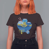 Funny Hanukkah Cat T Shirt For Women Kawaii Cat Eating Ramen Anime Jewish Kitten - Wonder Print Shop