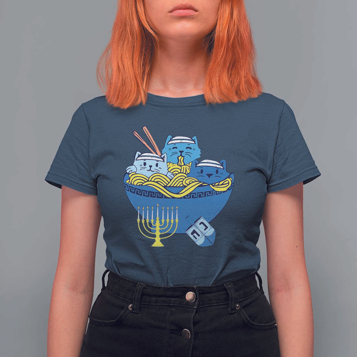 Funny Hanukkah Cat T Shirt For Women Kawaii Cat Eating Ramen Anime Jewish Kitten - Wonder Print Shop