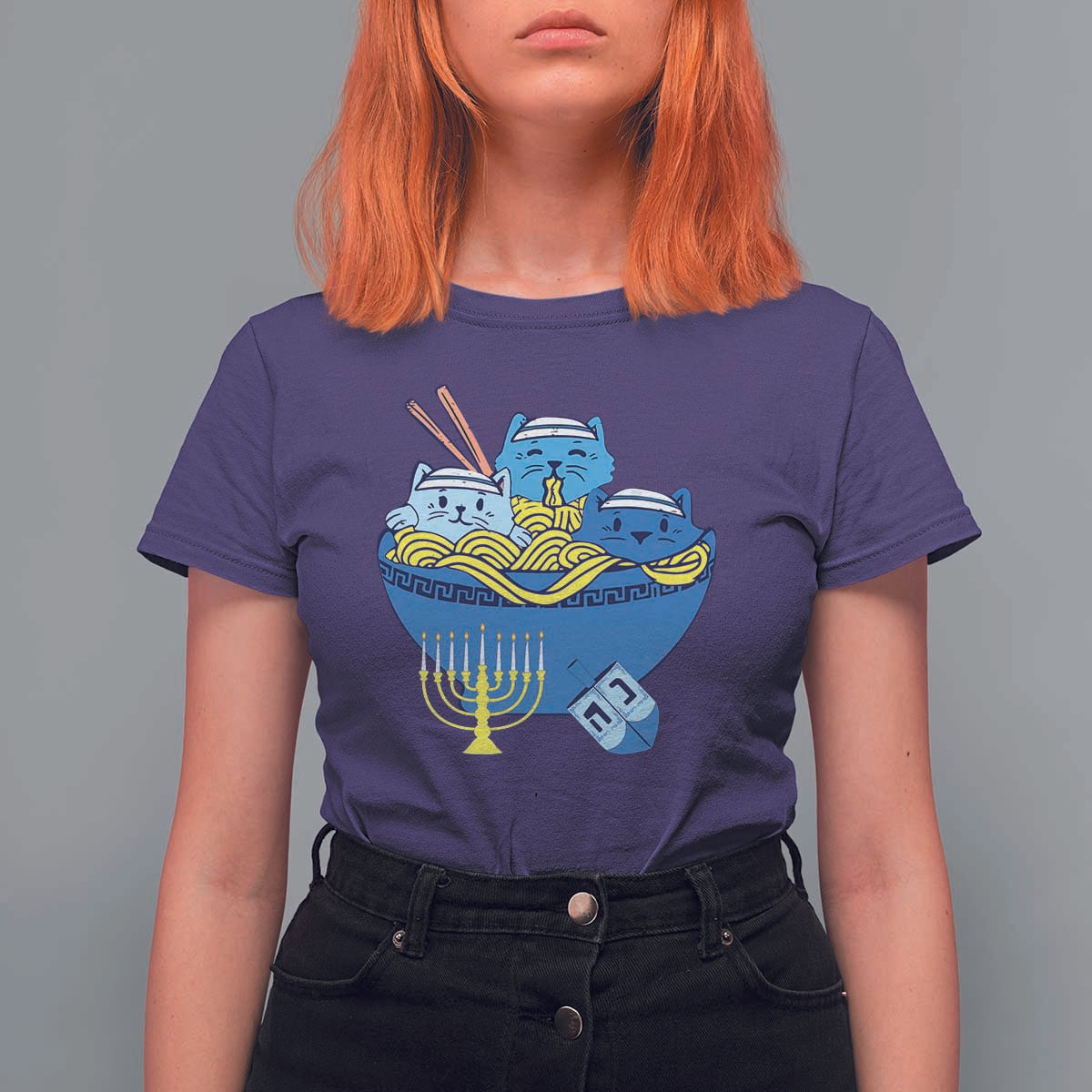 Funny Hanukkah Cat T Shirt For Women Kawaii Cat Eating Ramen Anime Jewish Kitten - Wonder Print Shop