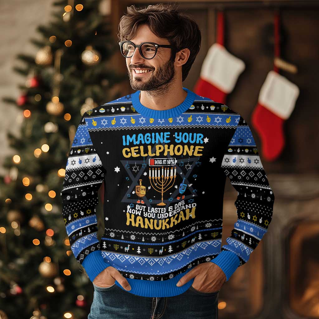 Funny Hanukkah Ugly Sweater Imagine Cellphone Was At 10 Percent - Wonder Print Shop