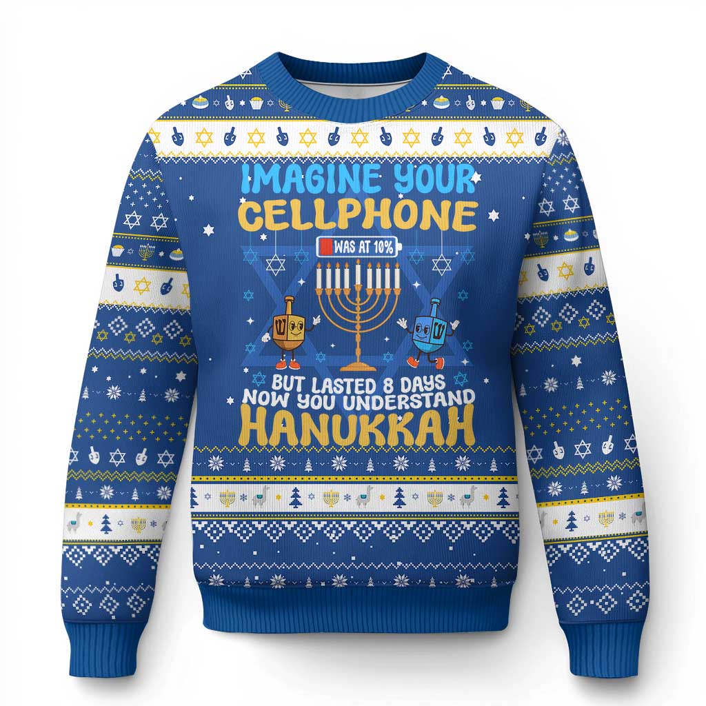 Funny Hanukkah Ugly Sweater Imagine Cellphone Was At 10 Percent - Wonder Print Shop