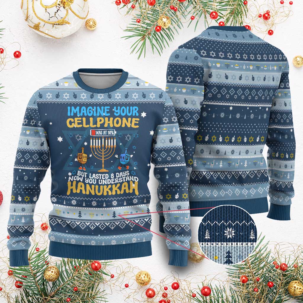 Funny Hanukkah Ugly Sweater Imagine Cellphone Was At 10 Percent - Wonder Print Shop