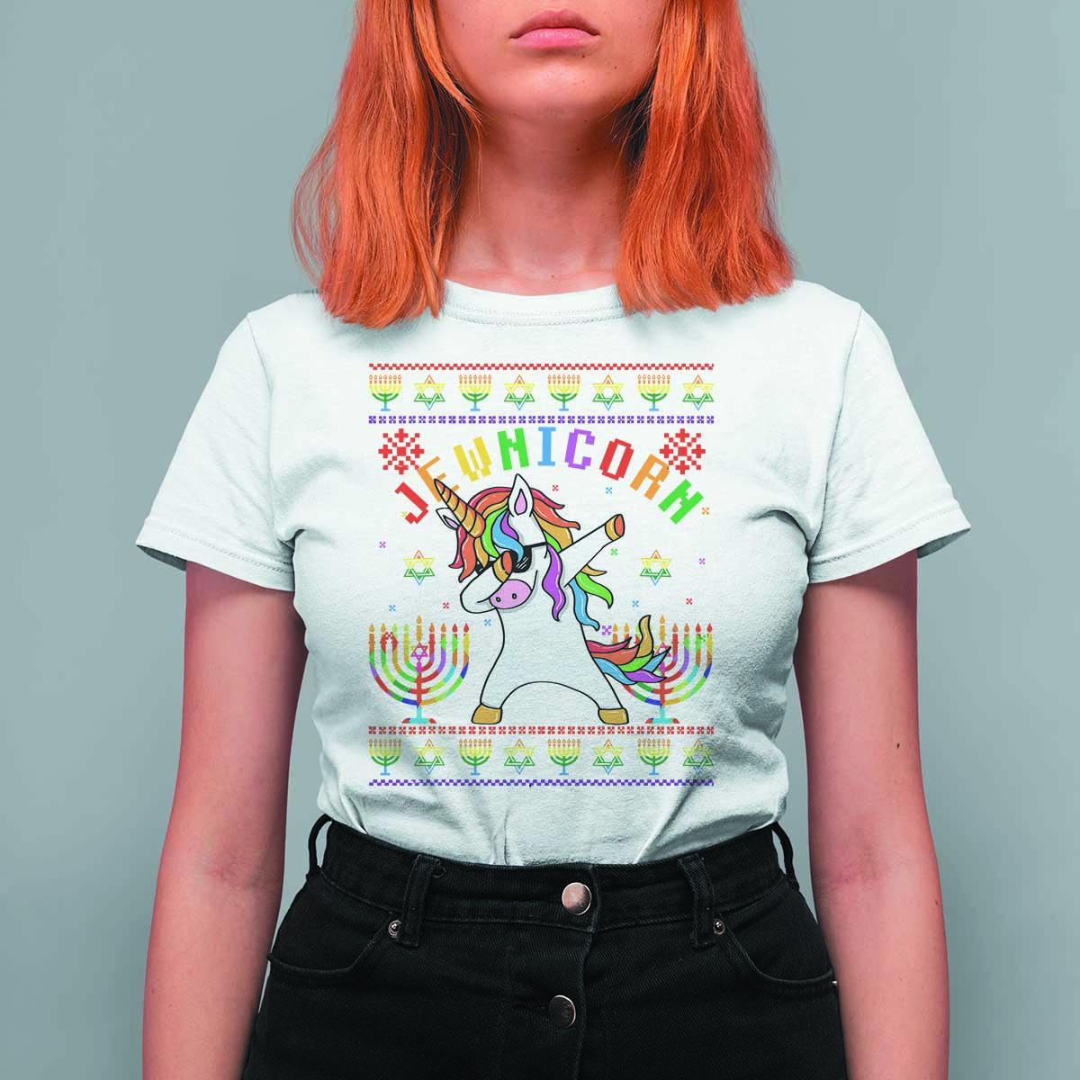Funny Hanukkah T Shirt For Women Jewnicorn Jewish Unicorn Rainbow - Wonder Print Shop