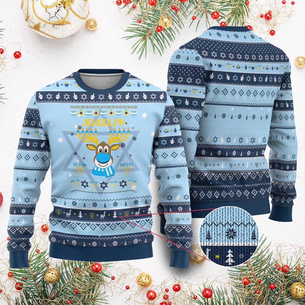 Funny Jewdolph Jewish Reindeer Menorah Hanukkah Ugly Sweater - Wonder Print Shop