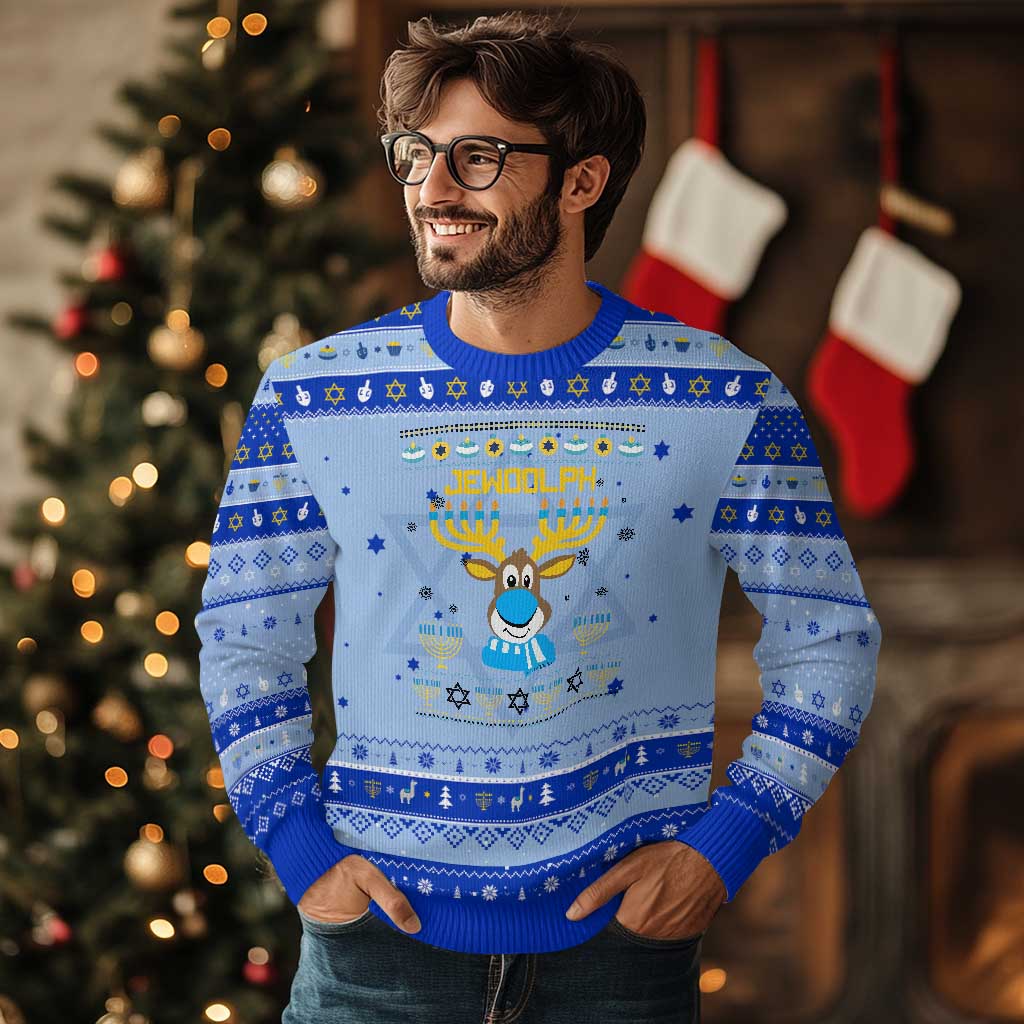 Funny Jewdolph Jewish Reindeer Menorah Hanukkah Ugly Sweater - Wonder Print Shop
