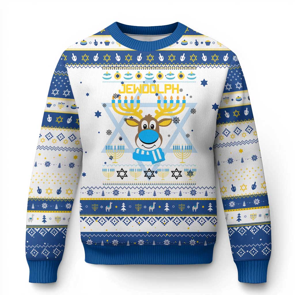 Funny Jewdolph Jewish Reindeer Menorah Hanukkah Ugly Sweater - Wonder Print Shop